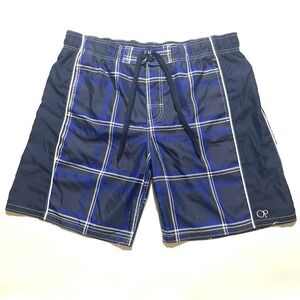 OP Ocean Pacific Board Shorts Swim Trunks Navy Blue White Plaid Size Large 36-38